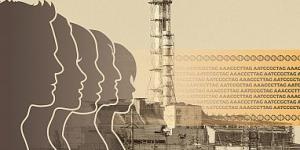  Silhouettes of adults and children and DNA code over a photo of the Chernobyl nuclear power plant